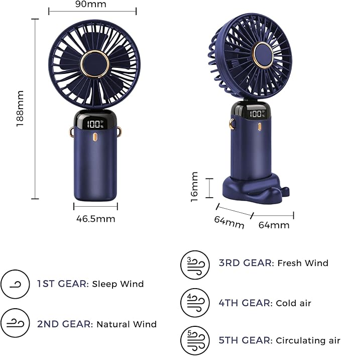 Jsdoin Hand Held Fan,Portable Handheld USB Rechargeable Fans with 5 Speeds,Battery Operated Mini Fan Foldable Desk Desktop Fans with LED Display for Home Office Bedroom Outdoor Travel (DarkBlue) - Image 2