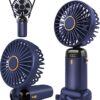 Jsdoin Hand Held Fan,Portable Handheld USB Rechargeable Fans with 5 Speeds,Battery Operated Mini Fan Foldable Desk Desktop Fans with LED Display for Home Office Bedroom Outdoor Travel (DarkBlue)